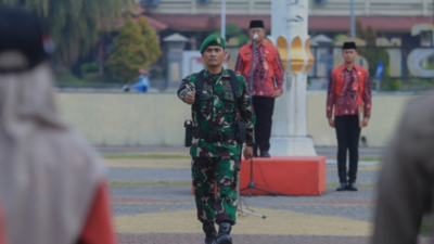 Sekda Sragen Dr Hargiyanto MKes saat Apel Kesiapsiagaan Bencana Hidrometeorologi dilaksanakan di Alun-alun Sas