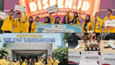 Prof Dr Retno Susilorini bersama mahasiswa UPS saat menunjukan piagam penghargaan dan trofi dalam lomba debat